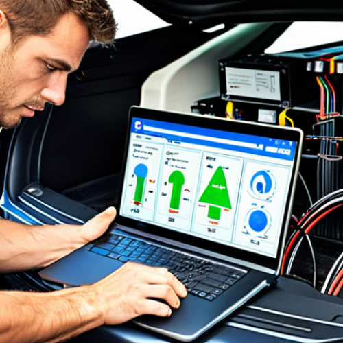 **

A determined auto mechanic studying a complex diagram of an electric vehicle battery system. He is surrounded by tools, with a laptop displaying technical data in the background. The scene emphasizes learning and embracing new technology in the automotive repair industry. Focus on detail in the wiring and components of the battery system.

**