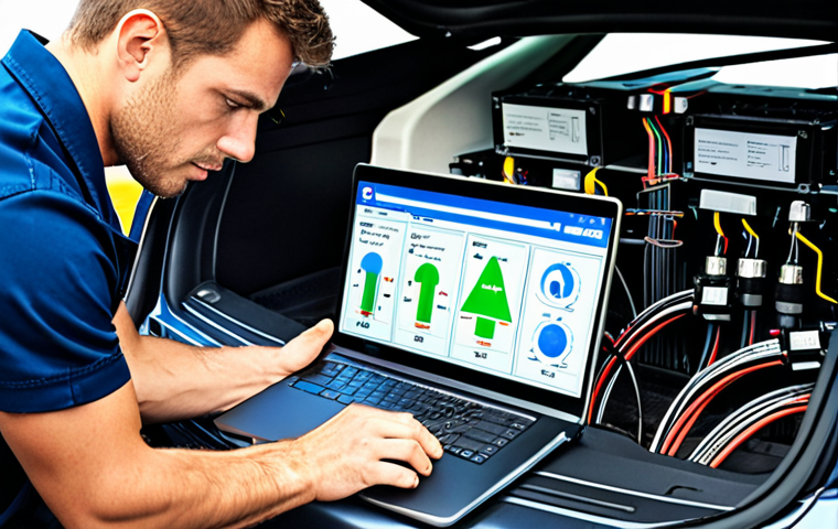 **

A determined auto mechanic studying a complex diagram of an electric vehicle battery system. He is surrounded by tools, with a laptop displaying technical data in the background. The scene emphasizes learning and embracing new technology in the automotive repair industry. Focus on detail in the wiring and components of the battery system.

**
