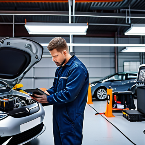 **

A futuristic auto repair shop filled with advanced diagnostic equipment, a mechanic using a tablet to analyze data from an electric vehicle with its battery pack exposed, highlighting the difference between traditional combustion engine repair and EV maintenance.

**