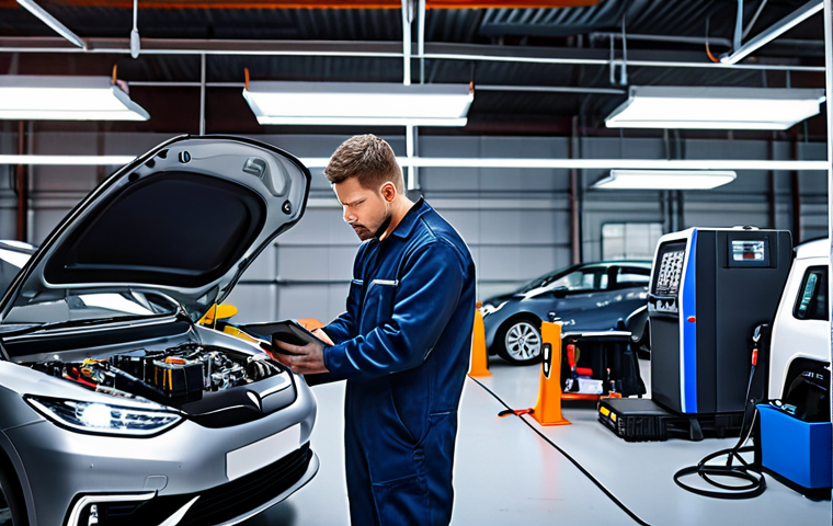 **

A futuristic auto repair shop filled with advanced diagnostic equipment, a mechanic using a tablet to analyze data from an electric vehicle with its battery pack exposed, highlighting the difference between traditional combustion engine repair and EV maintenance.

**
