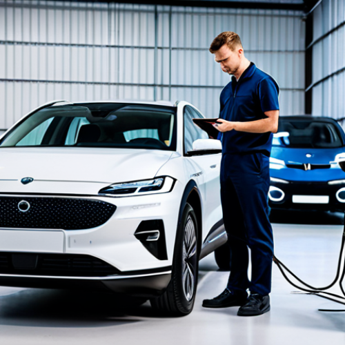 A professional automotive technician in a clean, modest uniform, standing next to a sleek, modern electric vehicle (EV) in a well-lit, high-tech garage. The technician is observing data on a large diagnostic tablet connected to the car, showcasing advanced vehicle analytics and battery health information. The setting is bright and orderly, emphasizing precision and technological advancement. fully clothed, appropriate attire, safe for work, perfect anatomy, correct proportions, natural pose, well-formed hands, proper finger count, natural body proportions, professional photography, high resolution, sharp focus, vibrant colors, realistic lighting, appropriate content.
