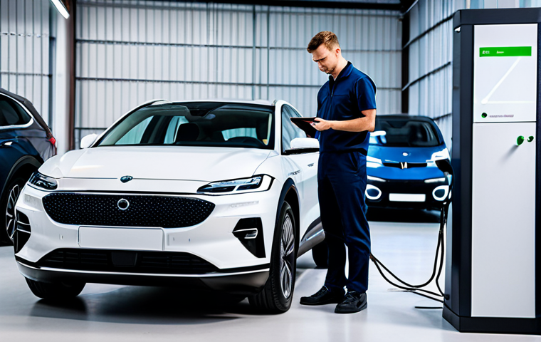 A professional automotive technician in a clean, modest uniform, standing next to a sleek, modern electric vehicle (EV) in a well-lit, high-tech garage. The technician is observing data on a large diagnostic tablet connected to the car, showcasing advanced vehicle analytics and battery health information. The setting is bright and orderly, emphasizing precision and technological advancement. fully clothed, appropriate attire, safe for work, perfect anatomy, correct proportions, natural pose, well-formed hands, proper finger count, natural body proportions, professional photography, high resolution, sharp focus, vibrant colors, realistic lighting, appropriate content.