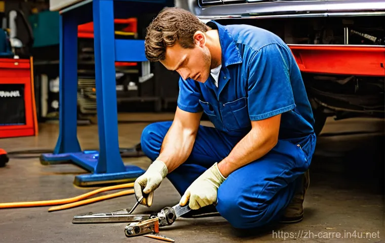 자동차정비 실기시험 불합격 원인 분석 - **Prompt:** A male automotive technician in his late 20s, wearing a standard, slightly grease-staine...
