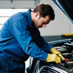 자동차정비 실무에서 전기 배선 수리 팁 - **Prompt:** A focused, competent male mechanic, wearing a clean, grease-stained work shirt and durab...