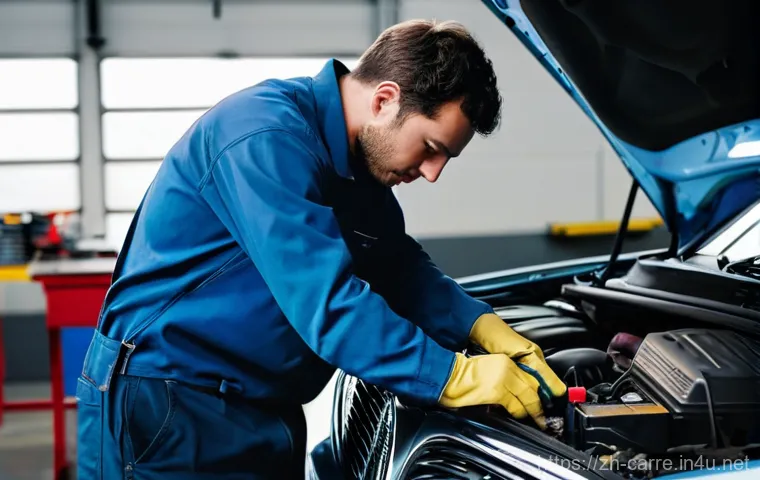 자동차정비 실무에서 전기 배선 수리 팁 - **Prompt:** A focused, competent male mechanic, wearing a clean, grease-stained work shirt and durab...